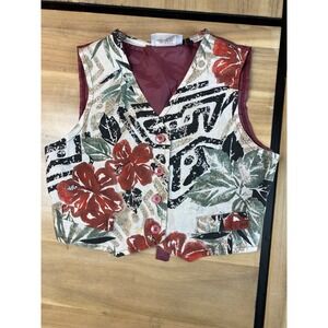 Vintage Peddlers Floral‎ Vest Kids Small Sleeveless Button Up Burgundy